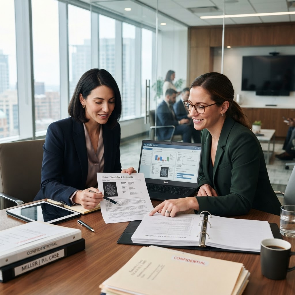 Two case managers reviewing medical records and case files together in a law office