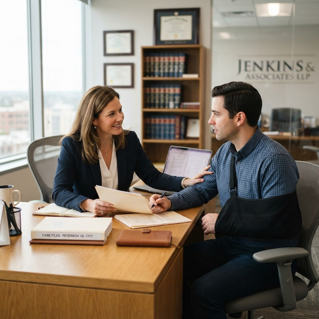 Attorney consulting with an injured client across a desk in a modern law office