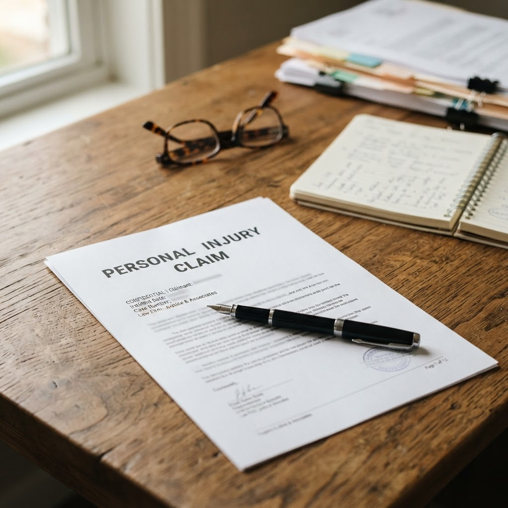 Personal injury claim document on a desk with a pen and reading glasses